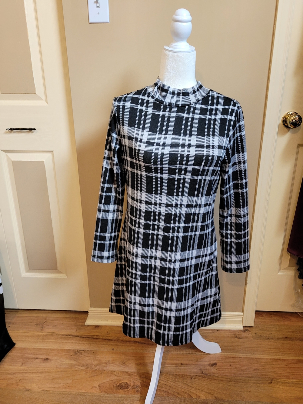 Plaid Mock Neck Mini Dress in Black and White